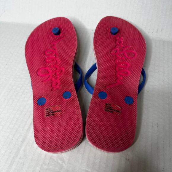 Lilly Pulitzer Size 7 Logo Blue Pink Tropical Flip Flop Sandal Summer Vacation - Picture 7 of 8